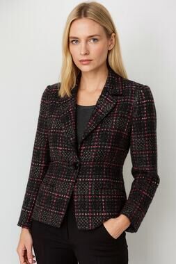 KASPER Black Gray Pink Plaid Tweed Pattern Blazer Jacket Size Petite 2
